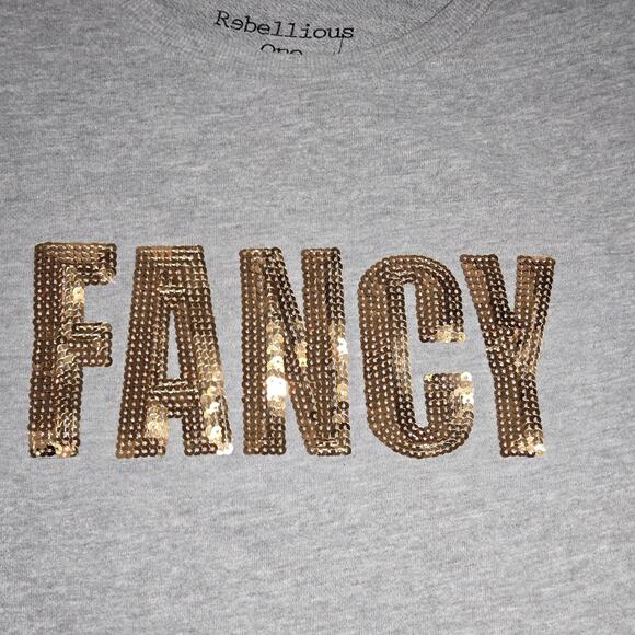 Rebellious One Tops - FANCY Gray Sweatshirt Gold Sequins Cropped Look GLAM GORPCORE LARGE 42" Chest